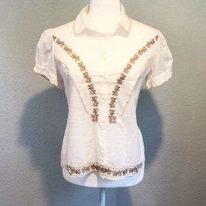 Johnny Was Short Sleeve Embroidered Button Up Top